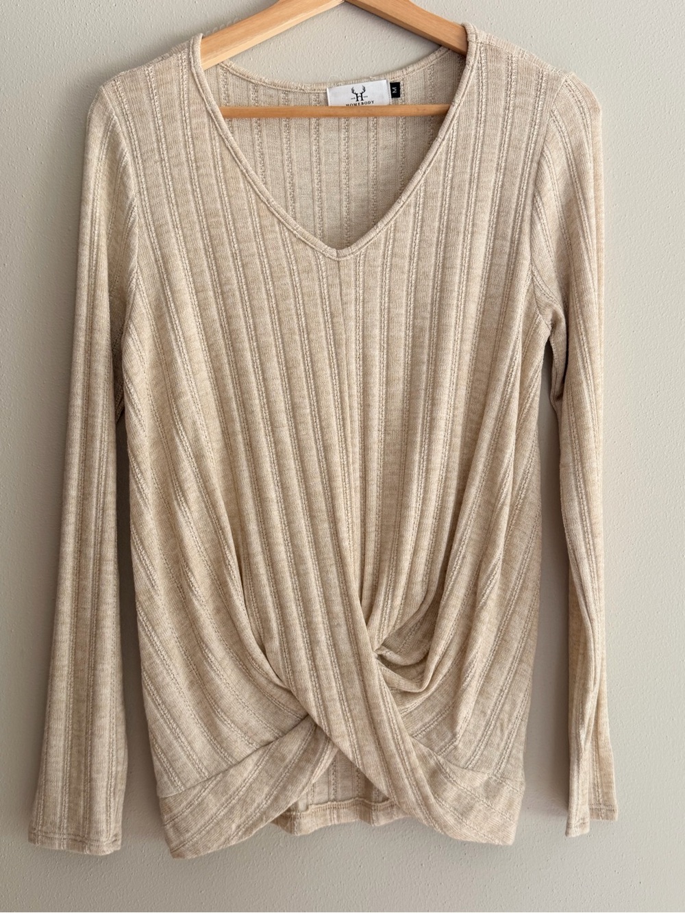 Ribbed Twist-Front V-Neck Long Sleeve Top - Beige